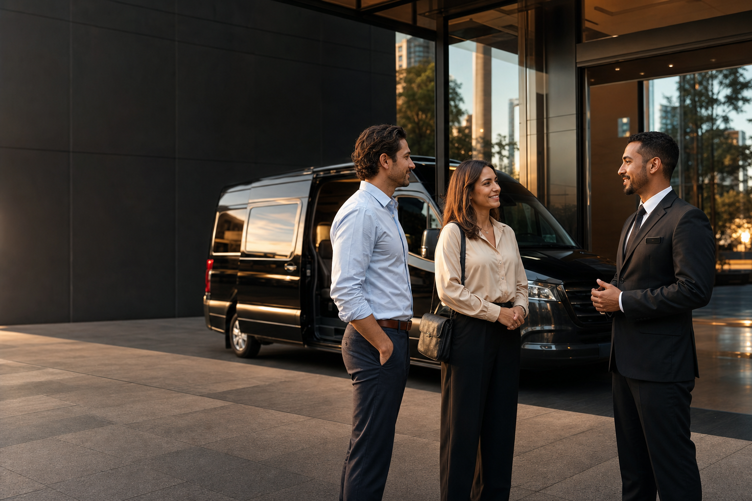 Equipe de atendimento executivo recebendo clientes junto a uma van
